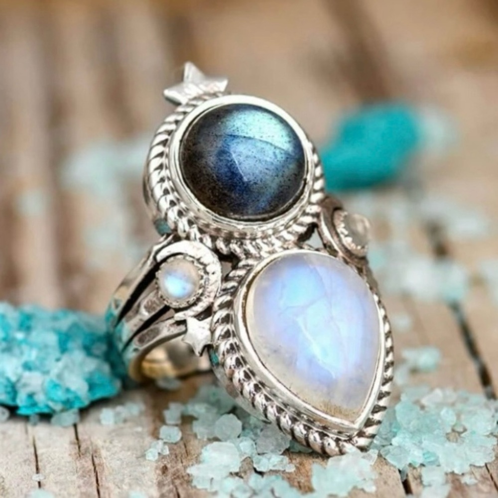 Sterling Silver Celestial Moonstone and Labradorite Ring Orig $105